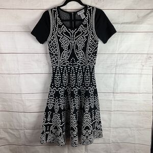 Carmen Marc Valvo Dress  A-Line polka dot knit small 4 6 Black white cotton zip
